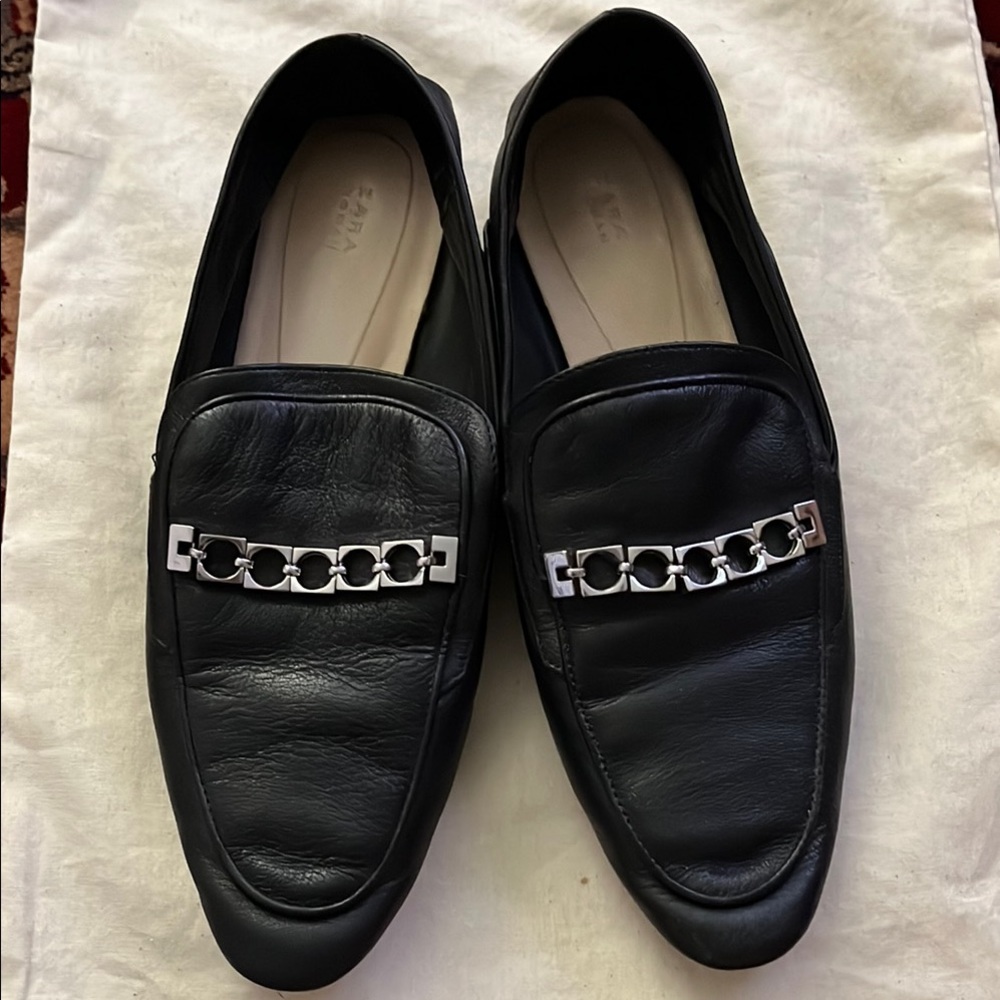 Zara Black Slip-On Loafers with Silver Chain Detail